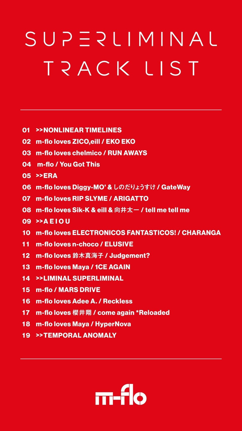 m-flo、10thアルバム『SUPERLIMINAL』全曲トラックリスト＆曲順を解禁！ 櫻井翔やDiggy-MO'など豪華アーティストの参加が追加発表！